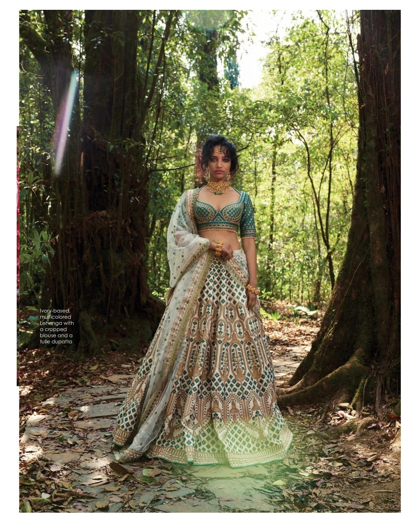 Ivory-based, Multicoloured Lehenga With A Cropped Blouse And A Tulle Dupatta