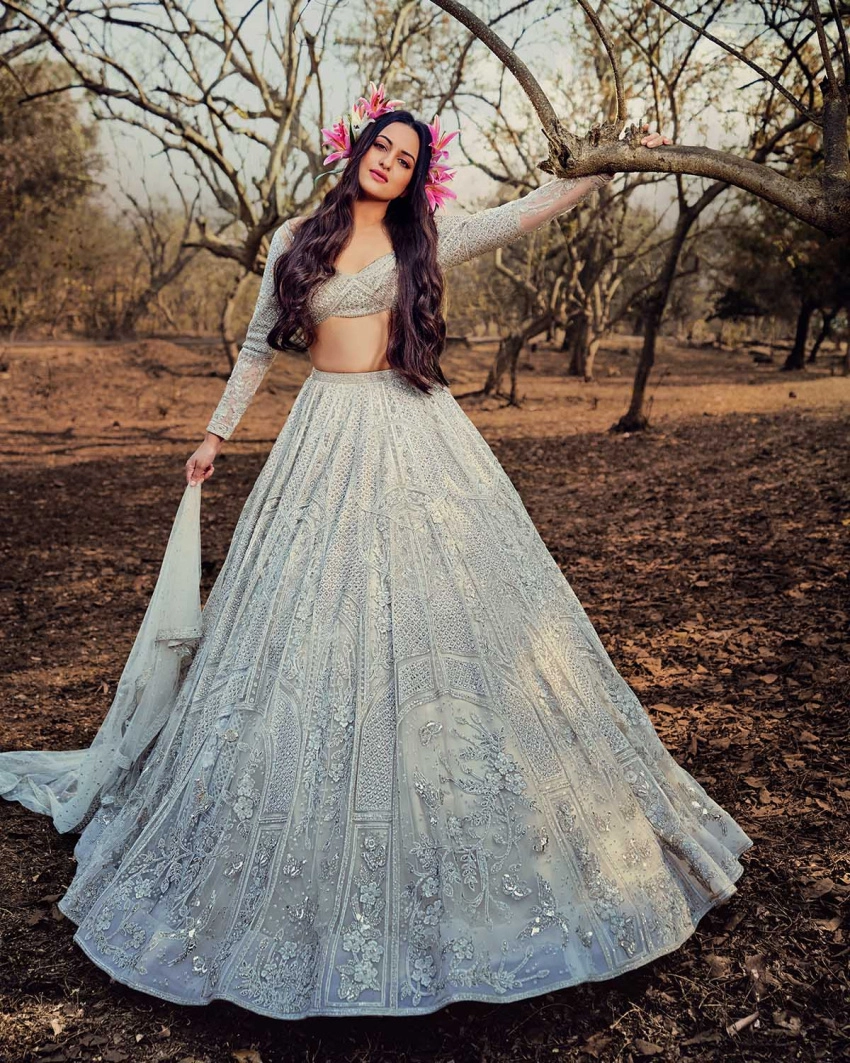 Sonakshi Sinha Ivory Hued, Crystals Encrusted, Embroidered Lehenga Set