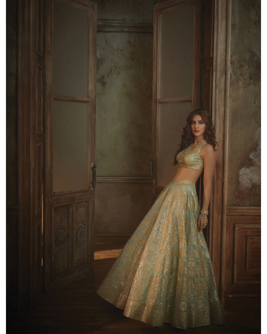 Kriti Sanon Powder Blue-based, Golden Chrome Applique Lehenga