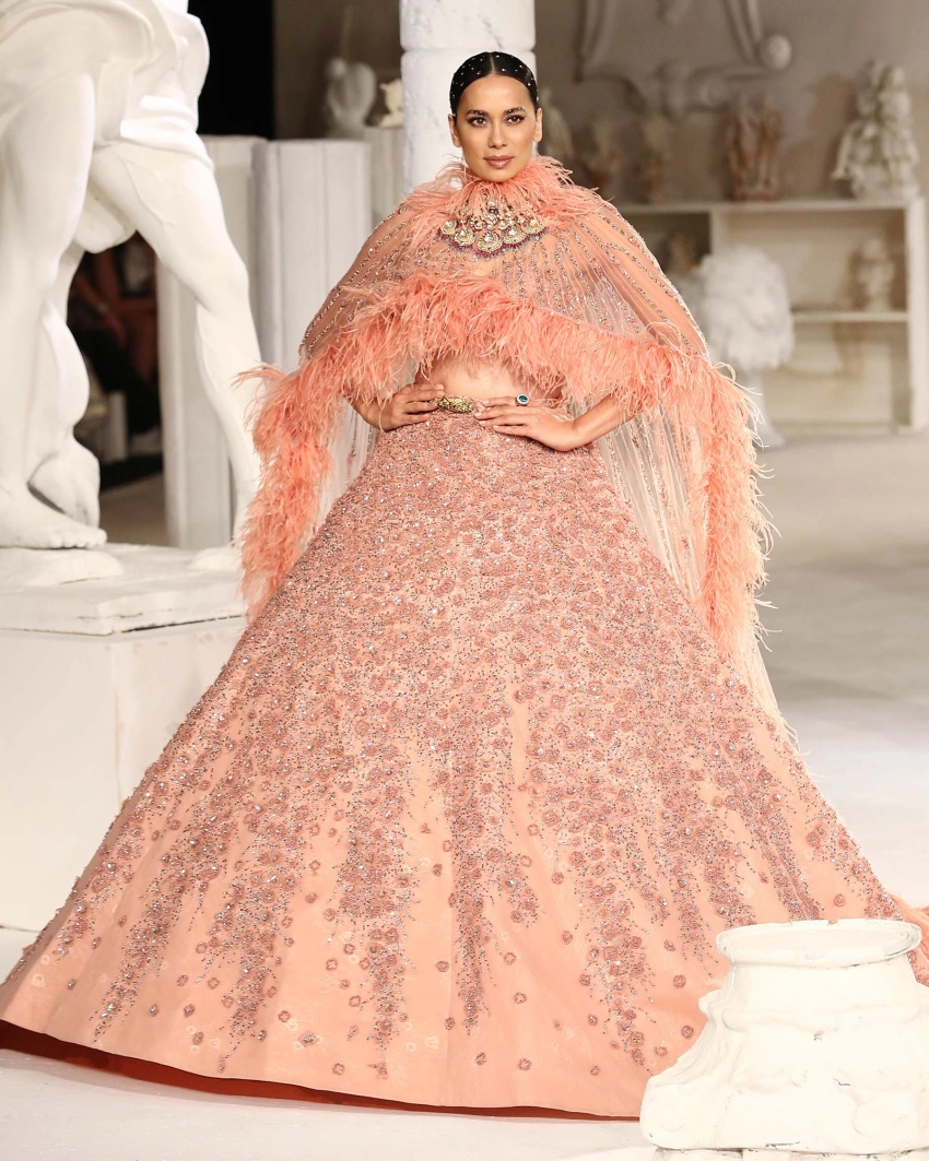 Julissa Lehenga Set Coral Floral Motifs Feathered Cape