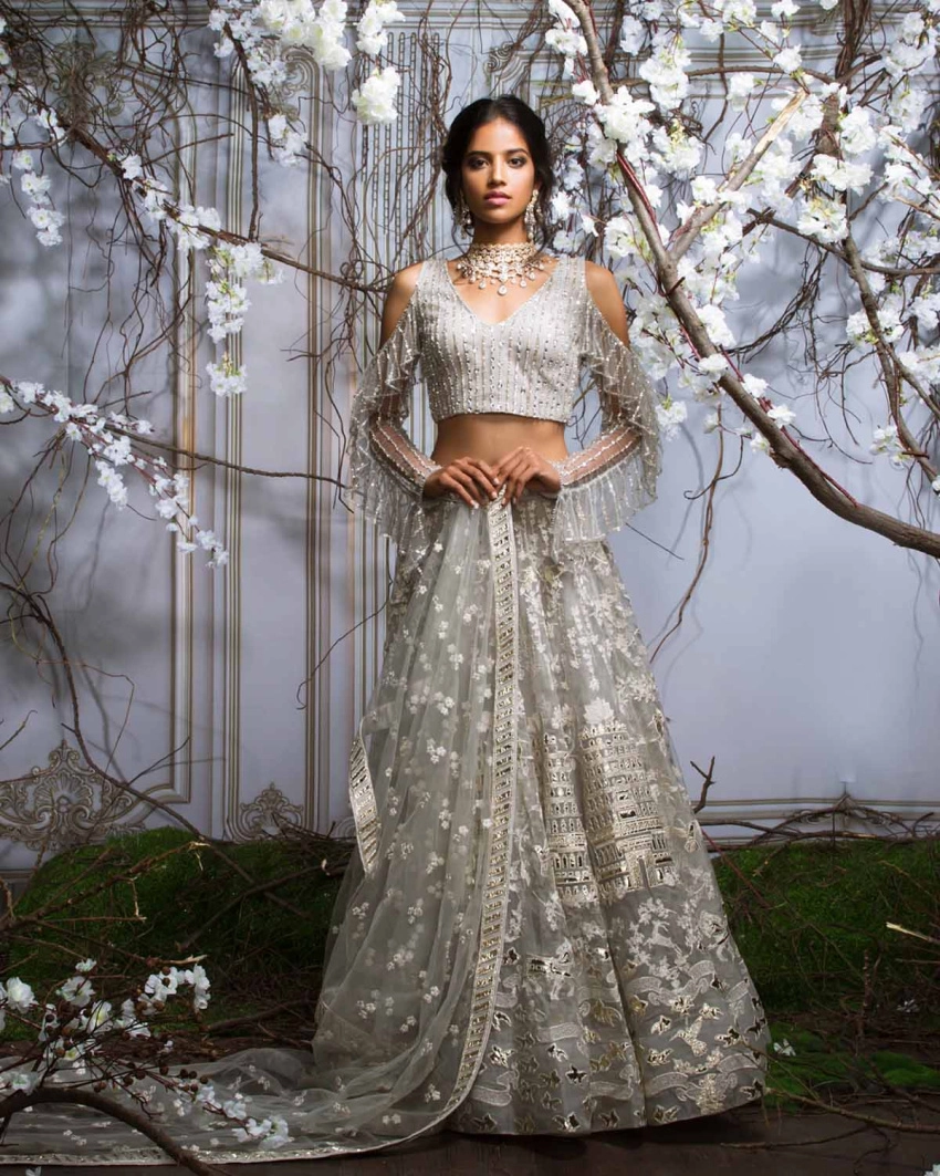 Cloud Gray Bridal Lehenga for Women - Falguni Shane Peacock