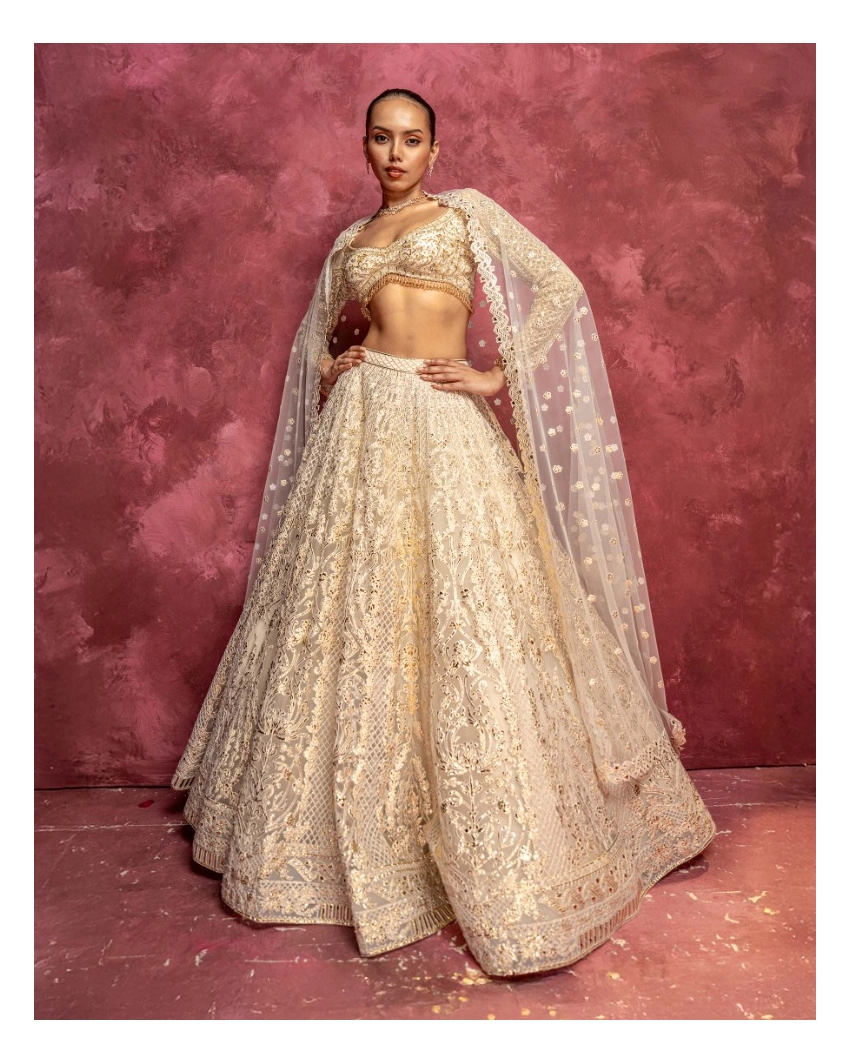 Fleurine Faded Pink-based, Golden Chrome Applique Lehenga Set
