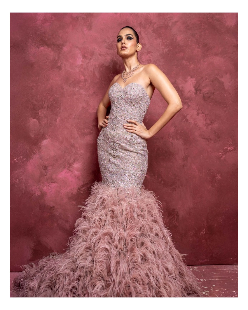 Lizette Rose Pink Off-Shoulder Mermaid Gown with Embellishments