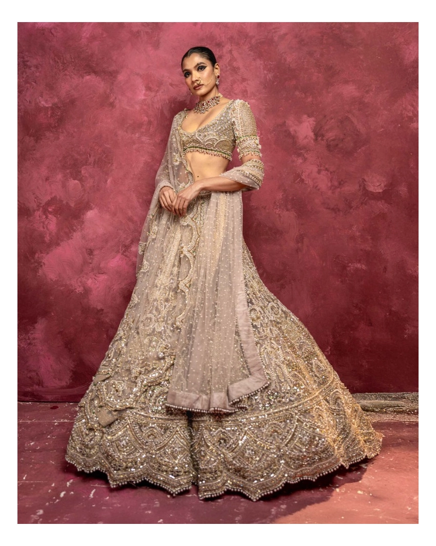 Lourdes Light Mauve-based, Golden Lehenga Set With Traditional Motifs