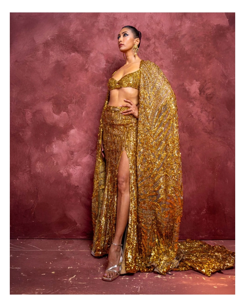 Maelys Beige-based, Straight-fit, Golden Lehenga Set With Beads And Crystals