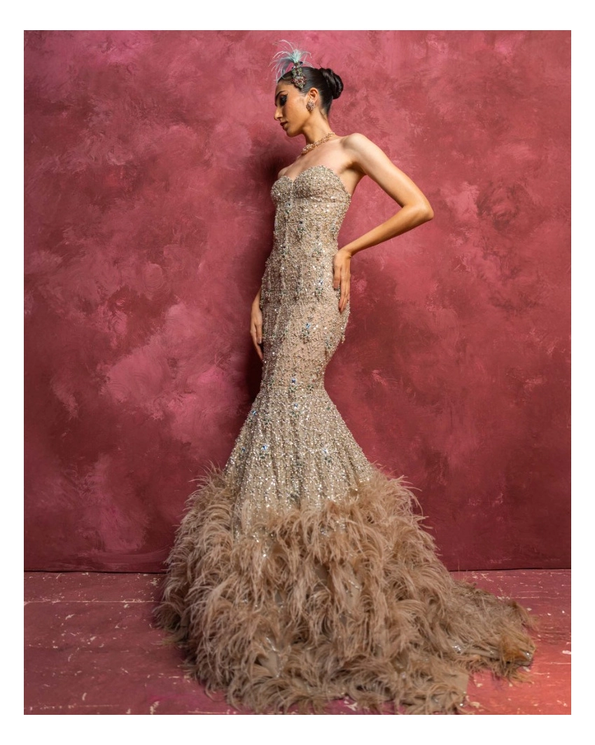 Yolanthe Beige Off-Shoulder Mermaid Gown with Crystal Embroidery