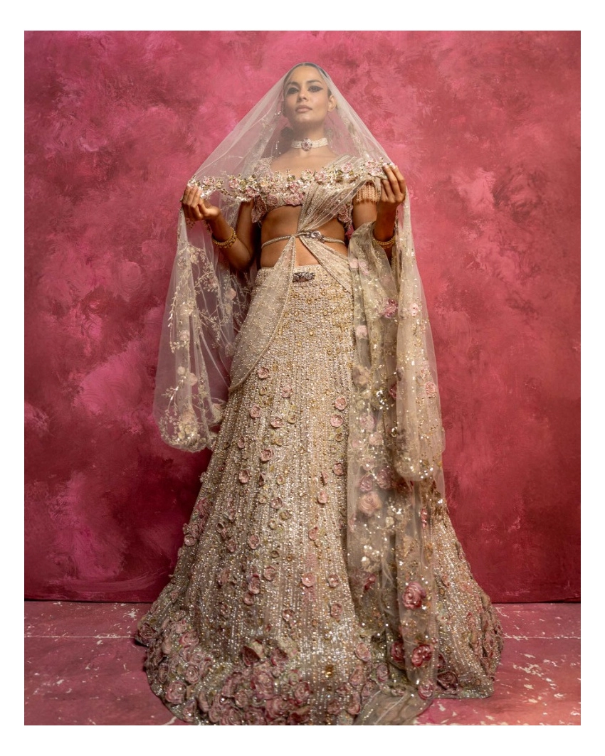 Riene Light Beige-based, Golden Lehenga Set With Rose Pink Applique Flowers