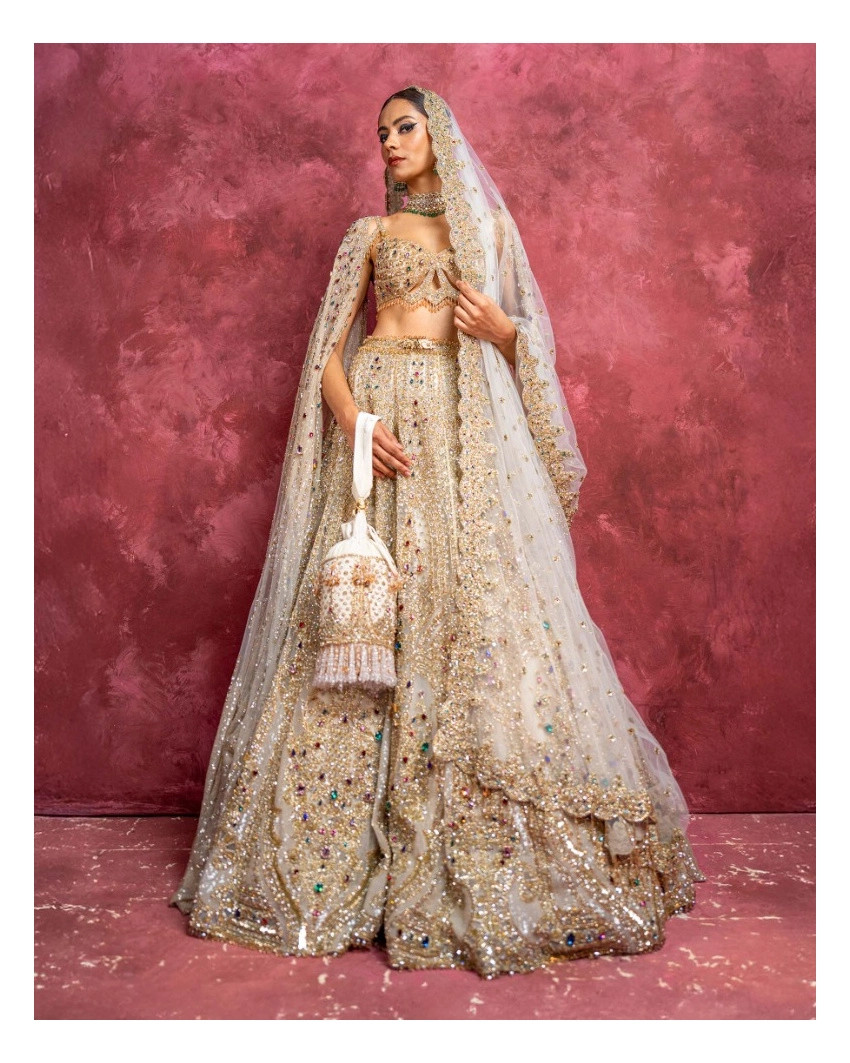 Victoire Light Beige-based, Golden Lehenga Set With Gold Embroidery