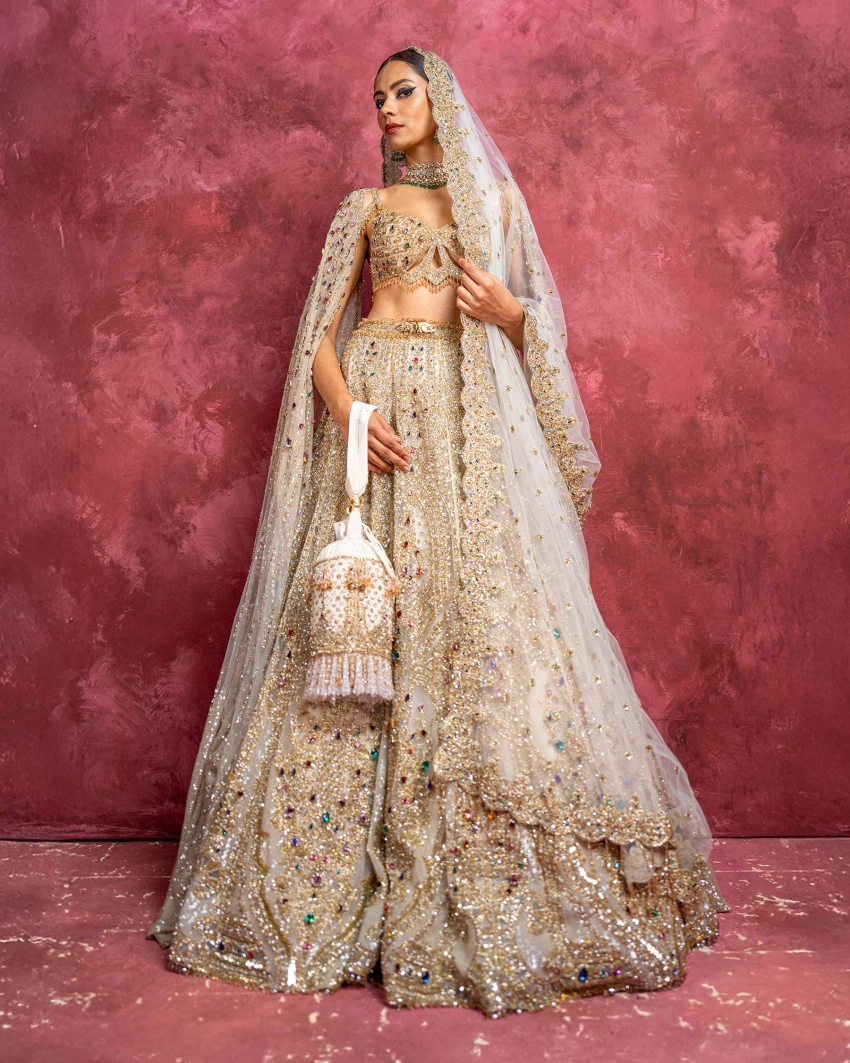 Victoire Light Beige-based, Golden Lehenga Set With Gold Embroidery