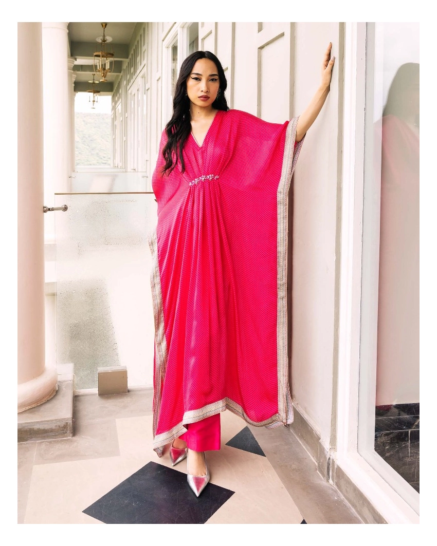 Deep Pink Dupion Silk Kaftan Kurta Set with Crystal Embellishments and Brocade Border