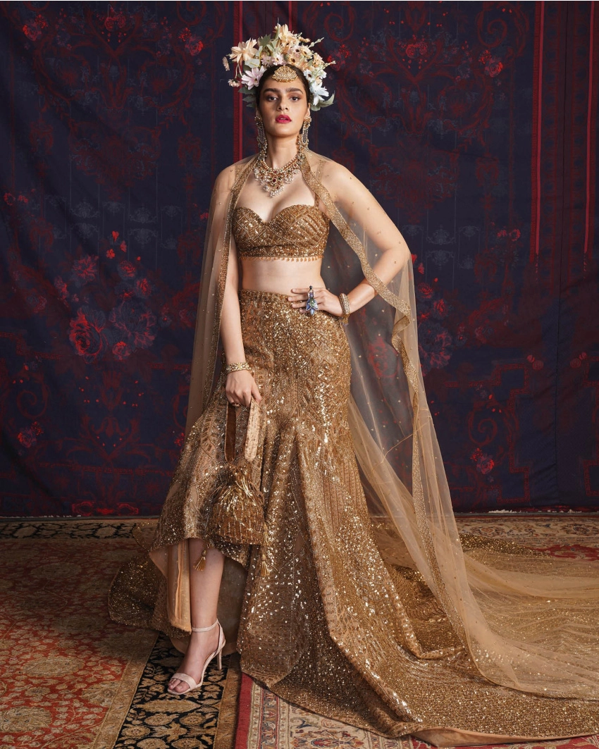 Belle Golden Asymmetrical Lehenga Set