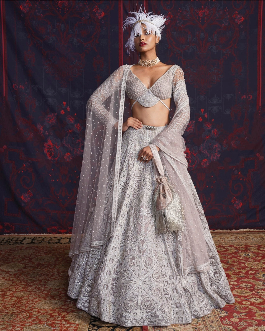 Jolie Silver Lehenga Set With A Fan-panel Blouse And Dupatta