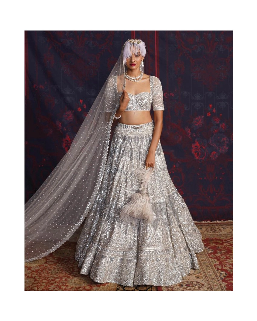 Marie Silver Lehenga Set With A Half-sleeves Blouse And Dupatta