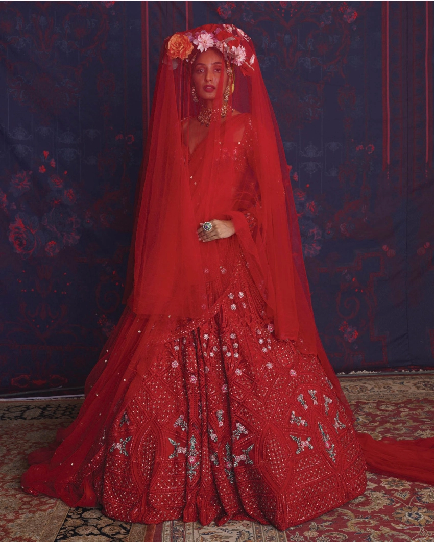 Rivka Red Lehenga Set With A Cropped Corset Blouse And Dupatta