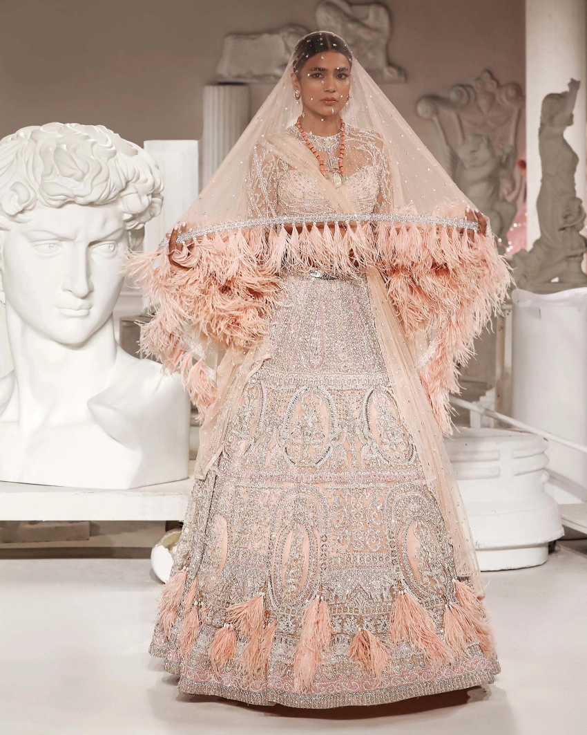 Mckinley Peach-based, Silver Lehenga Set With Intricate Architectural Motifs