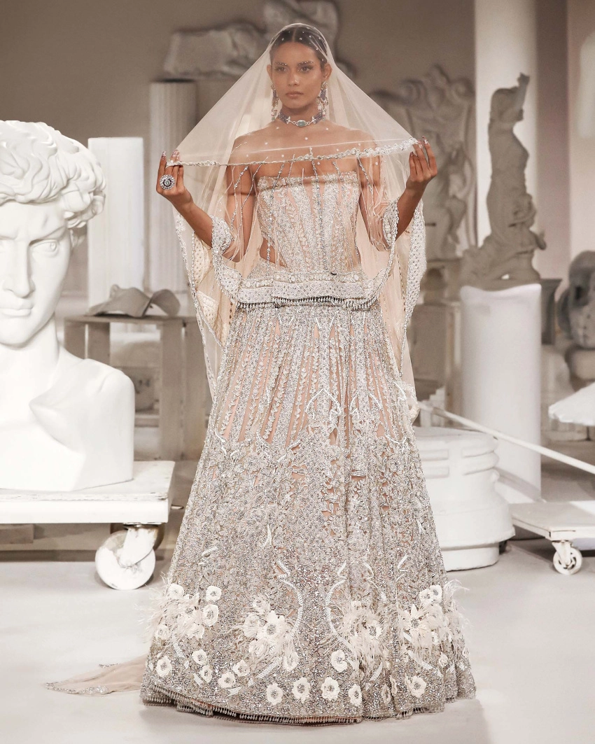 Marjorie Light Beige-based, Ivory Lehenga Set With Ivory Threadwork