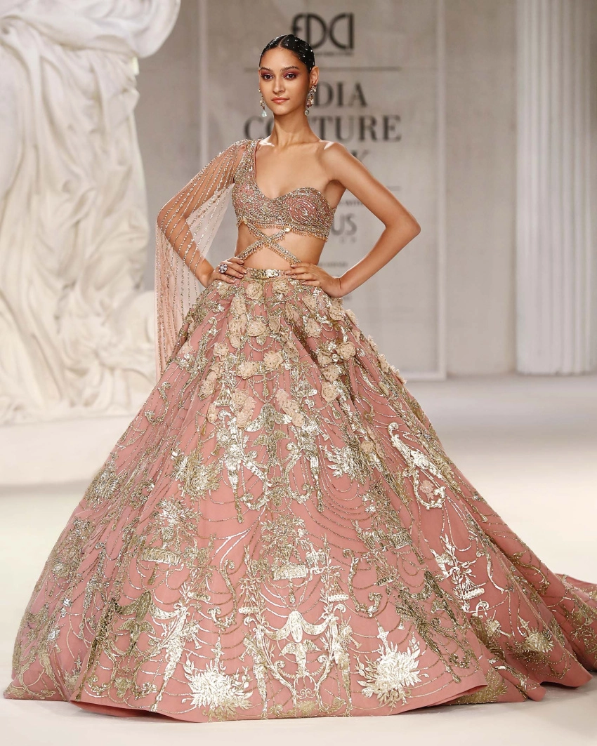 Mae Coral-hued, Light Gold Chrome Applique Lehenga Set
