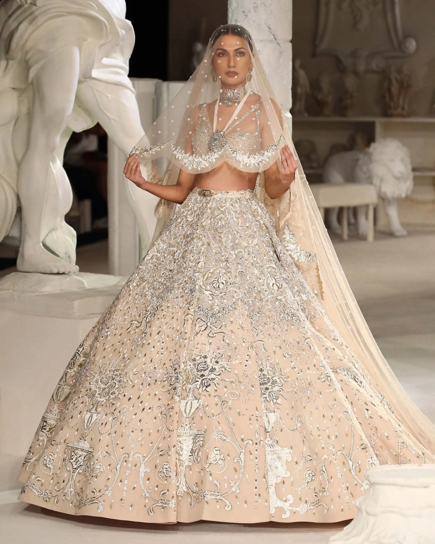 Louisa Lehenga Set Light Beige Silver Intricate Foliage Design