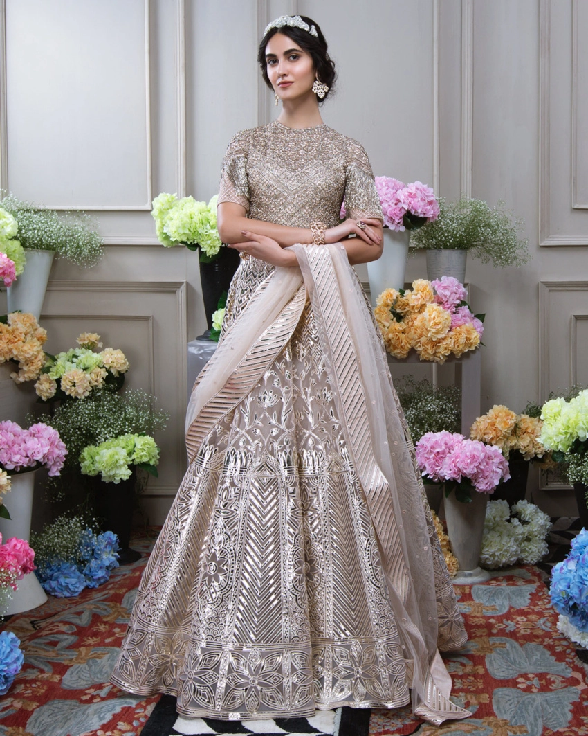  Buy Now Janet Pale peach chrome applique Lehenga Set - Falguni Shane Peacock