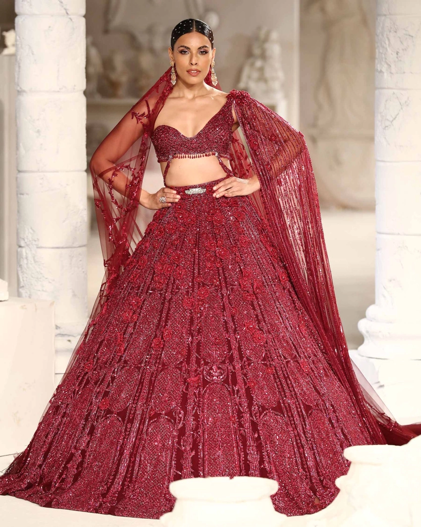 Kamilah Lehenga Set Pompeian Red Floral Architectural Motifs