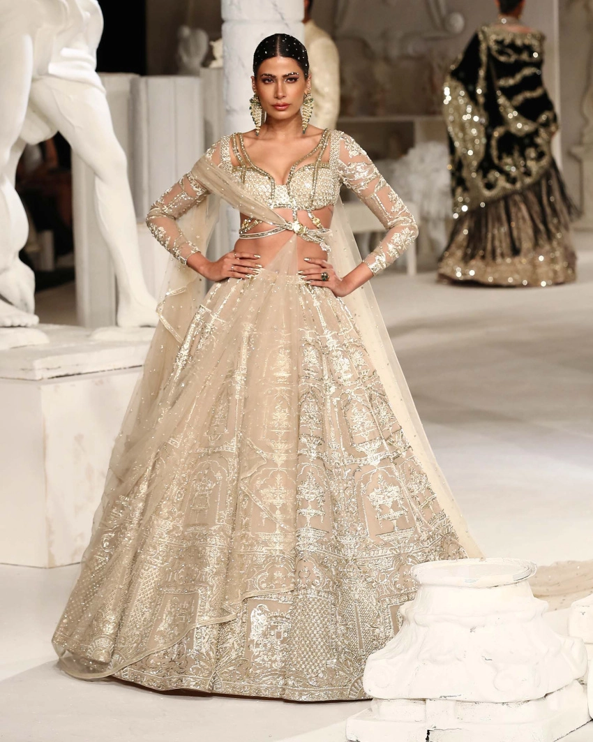 Karla Lehenga Set Light Beige Golden Architectural Motifs