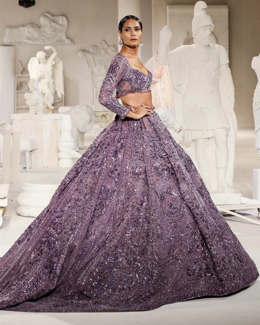 Kimberly Lehenga Set Hyacinth Violet Ballgown Architectural Motifs