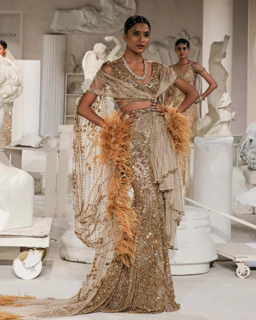 Kristina Lehenga Set Light Beige Golden Mermaid Cut
