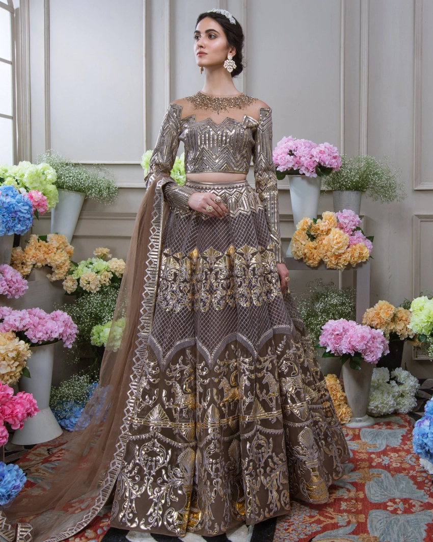 Buy Now Steeple Grey Chrome Applique Lehenga - Falguni Shane Peacock