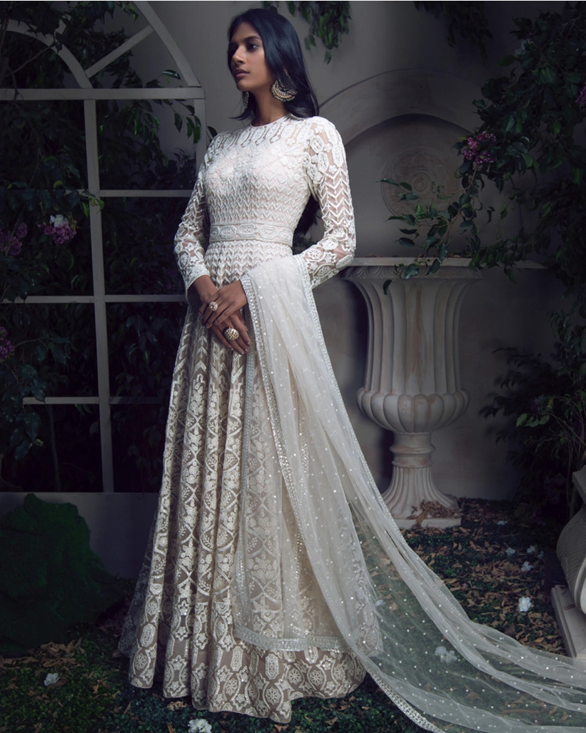 Buy Leonela White smoke embroidered Anarkali Set - Falguni Shane Peacock