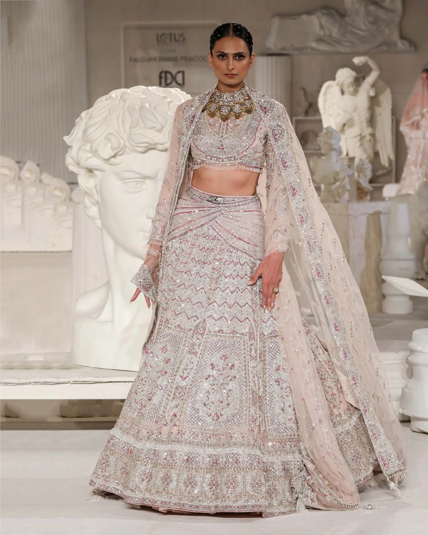Lindsay Lehenga Set Powder Pink Silver Maroon Chevron Pattern