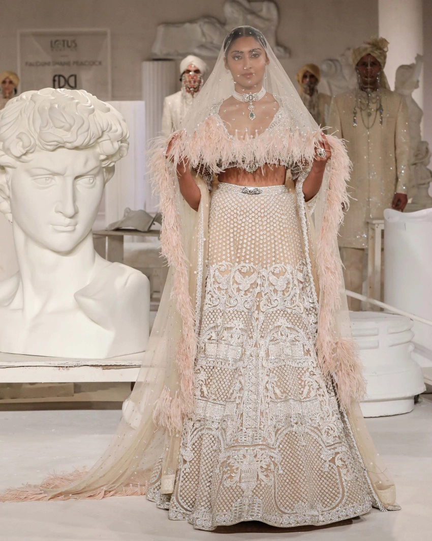 Liv Lehenga Set Light Beige Silver Architectural Motifs Style