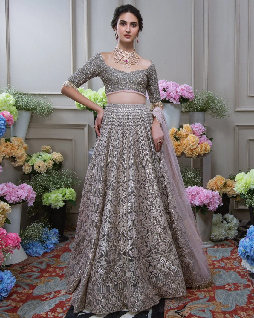  Buy Chrome Applique Rose Pink Lehenga - Falguni Shane Peacock
