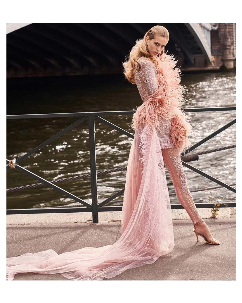 Rose Quartz, Intricately Embellished Short Dress With Sheer Paints