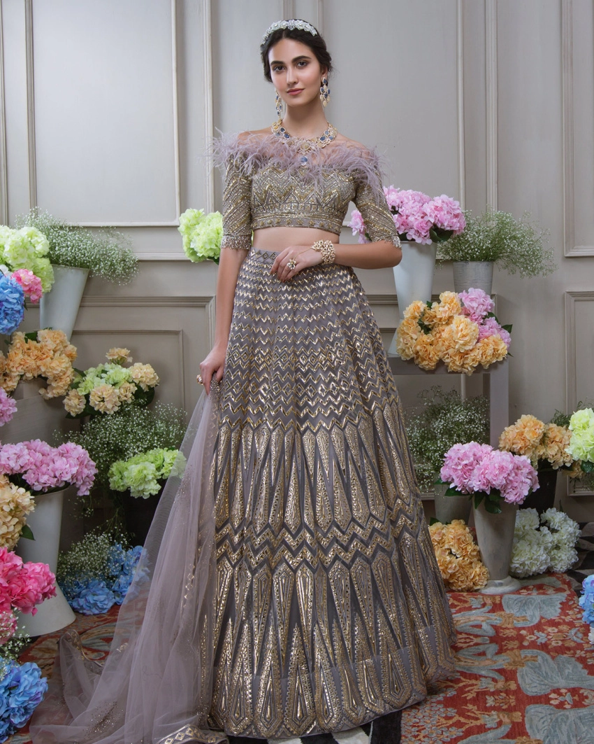 Buy Silver Cloud Chrome Applique Lehenga - Falguni Shane Peacock