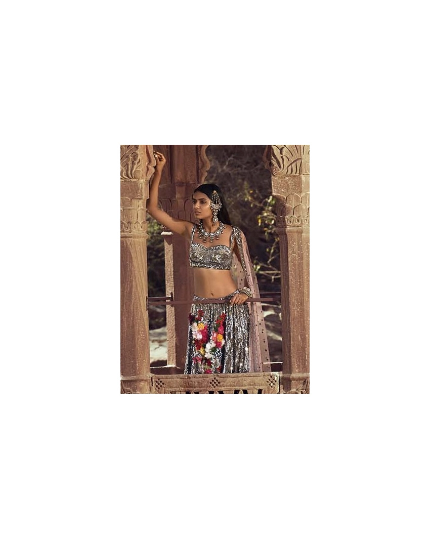 Gunmetal-hued Floral Embroidered Lehenga
