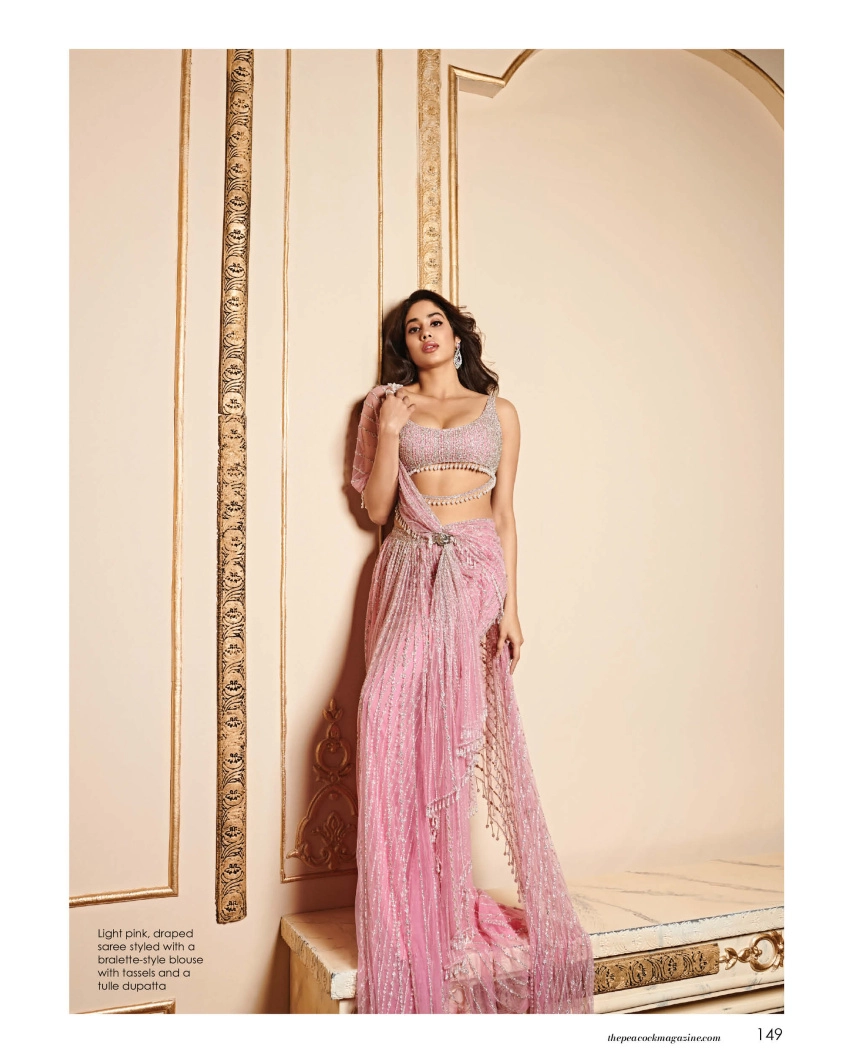 Janhvi Kapoor Light Pink, Draped Saree Styled With A Bralette-style Blouse