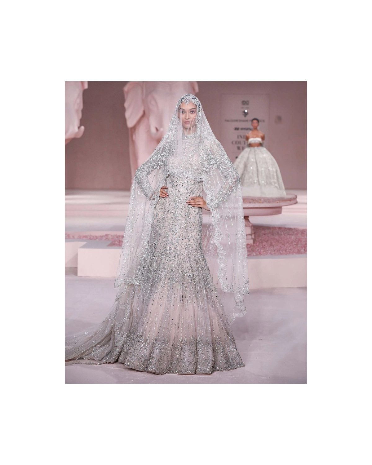June Light Pink Full-Sleeved Mermaid Gown with Silver Embroidery