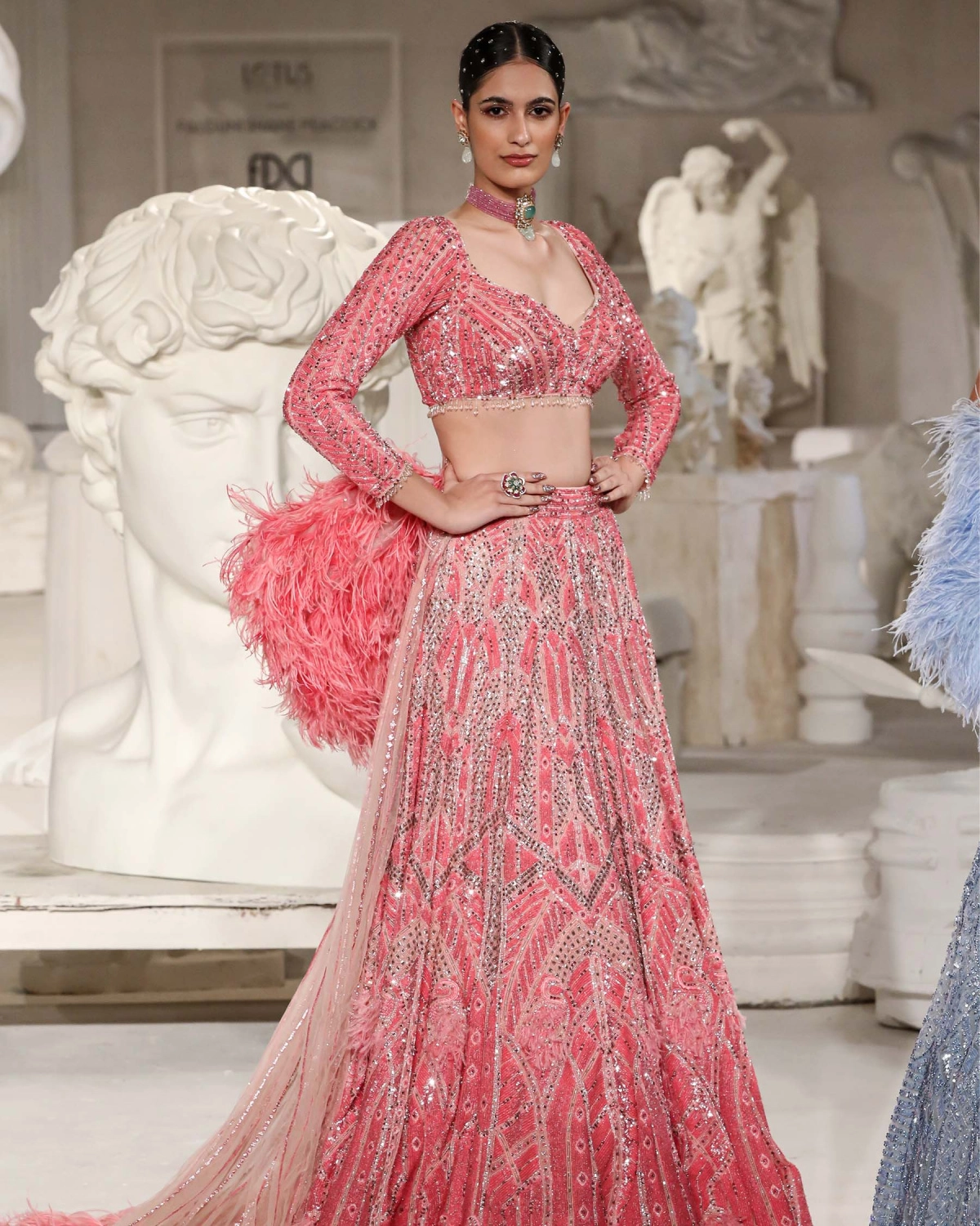 Josephine Lehenga Set Deep Blush Architectural Motifs Feathered