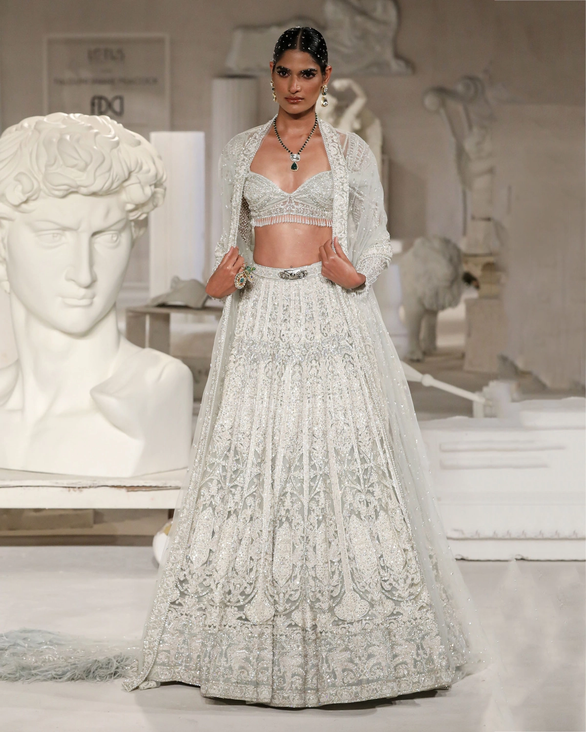 Joy Lehenga Set Spa Blue Silver Architectural Foliage Motifs