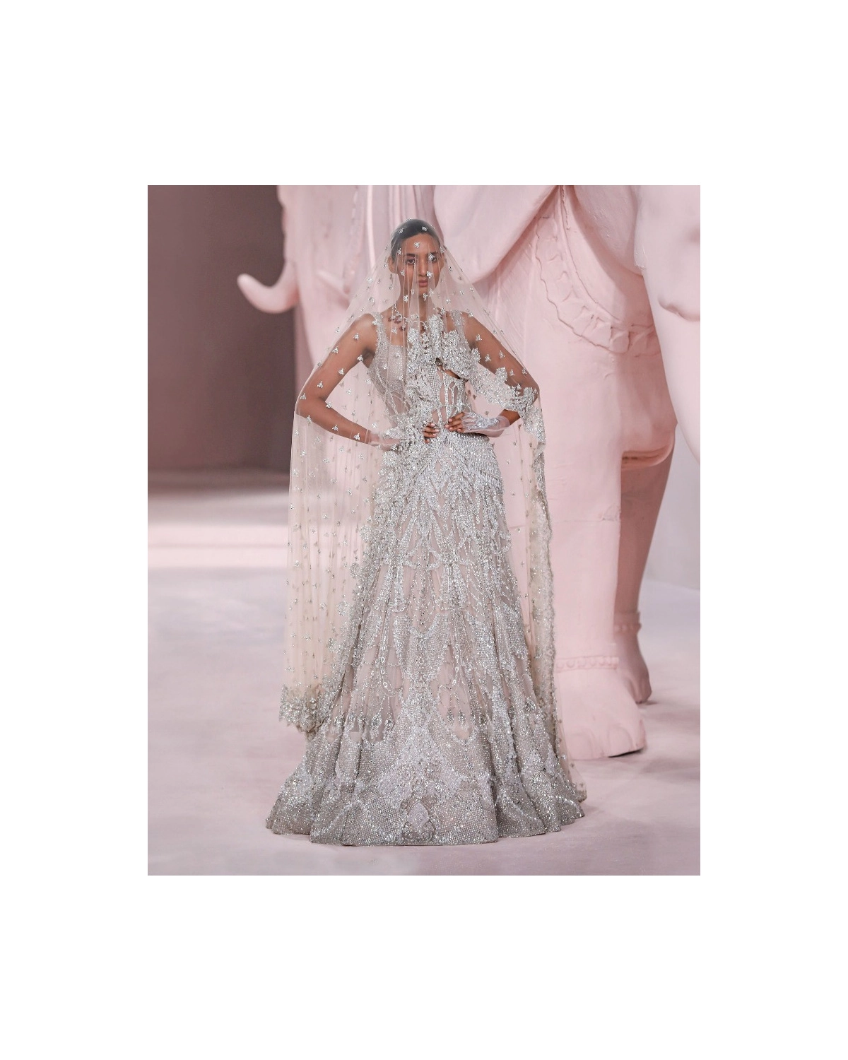 Kira Light Peach Sleeveless Gown with Silver Embroidery & Sheer Crystal Bodice