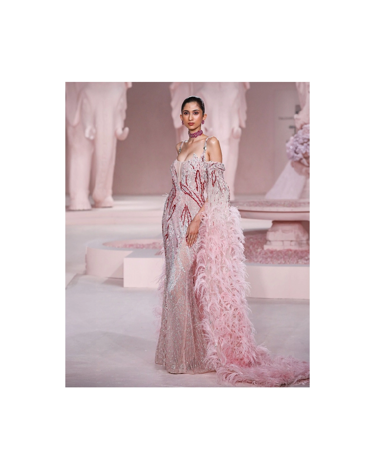 Sage Pink Fitted Gown with Silver Embroidery & Embellished Feather Sleeves