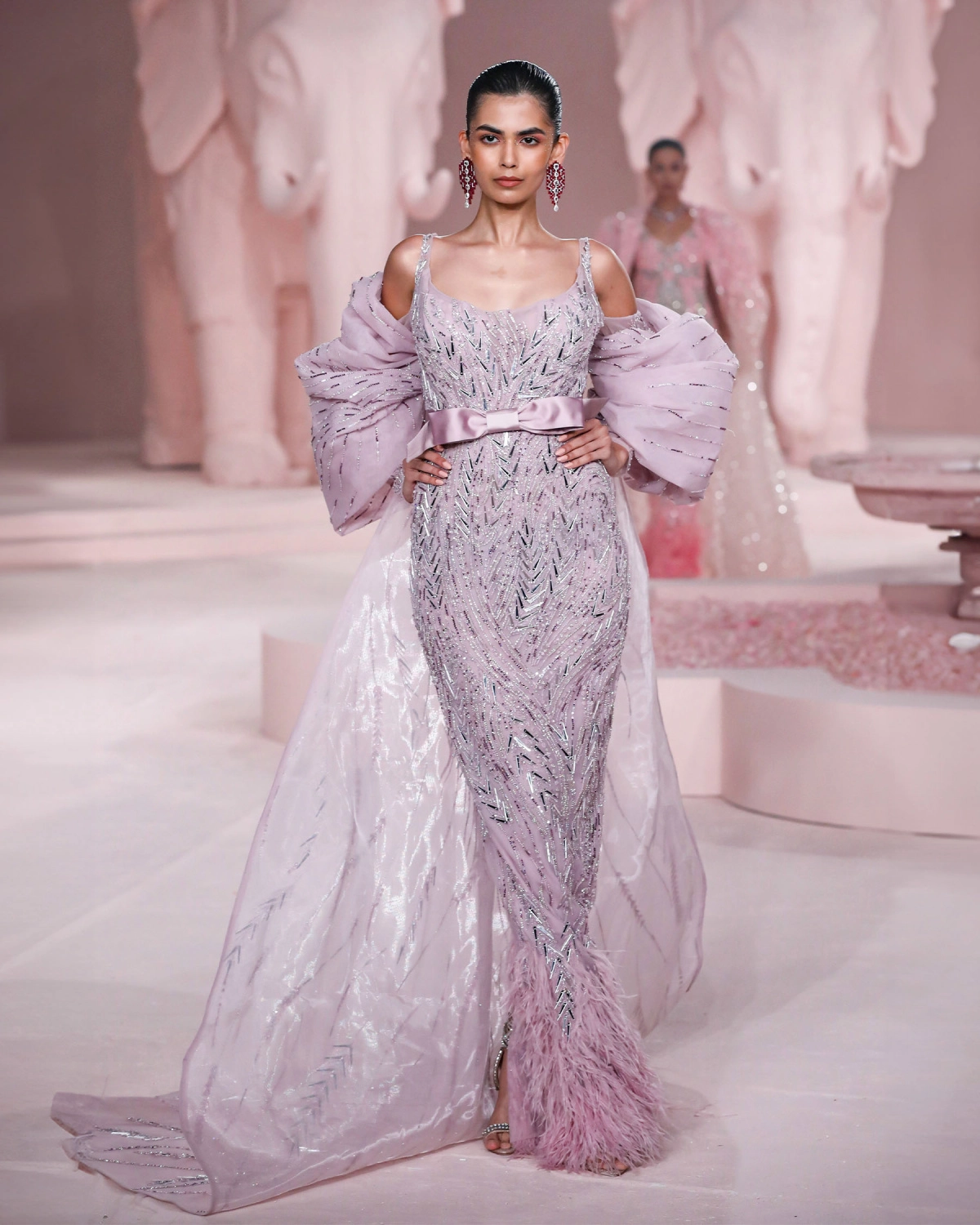 Marianna Light Mauve Sleeveless Fitted Gown with Silver Embroidery
