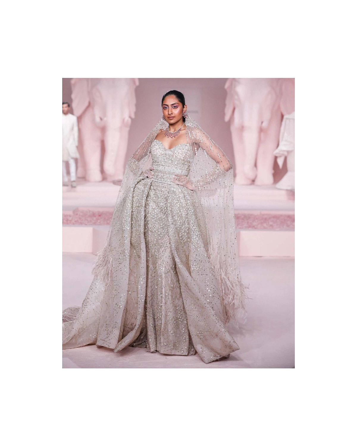 Shiloh Light Grey Strapless Sweetheart Gown with Gold Embroidery & Feather Veil