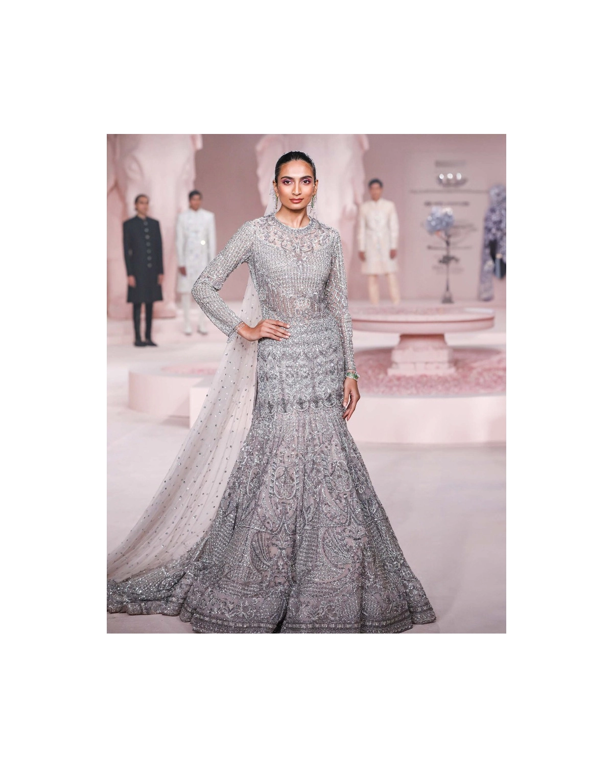 Milana Mauve Mermaid Gown with Full Sleeves, Trail & Embellished Tulle Veil