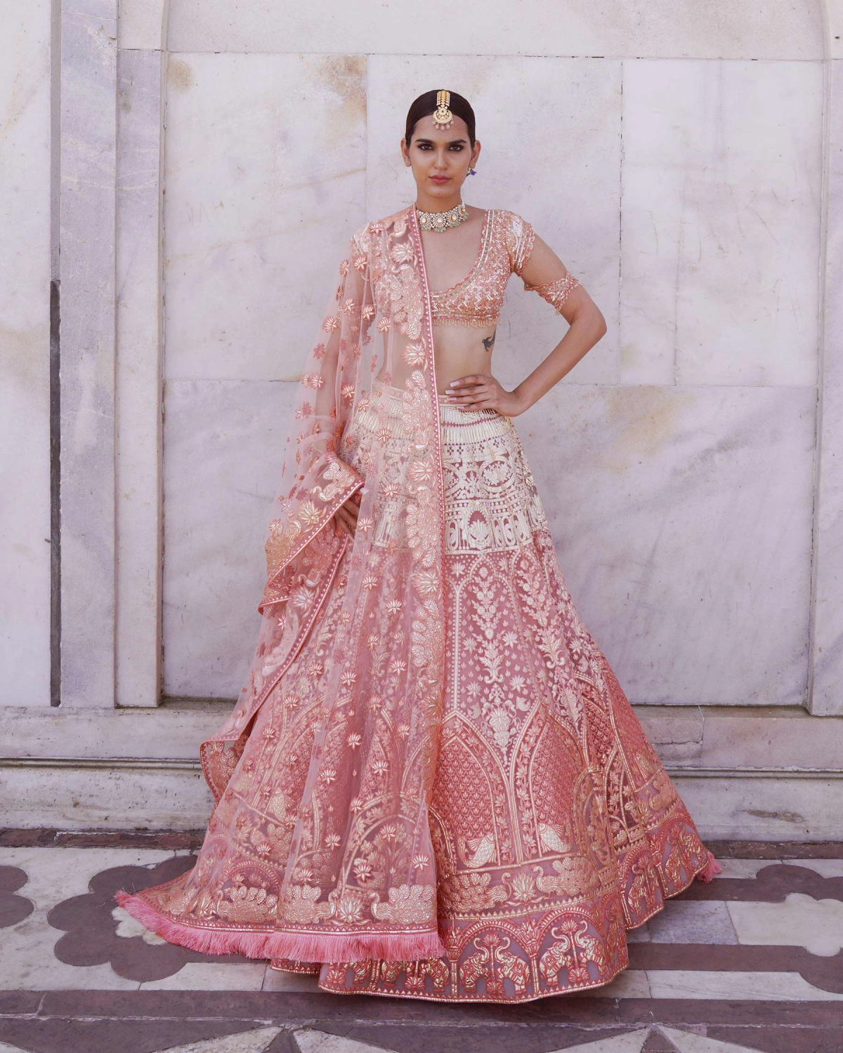 Myra Coral Ombre Lehenga Set With Foliage