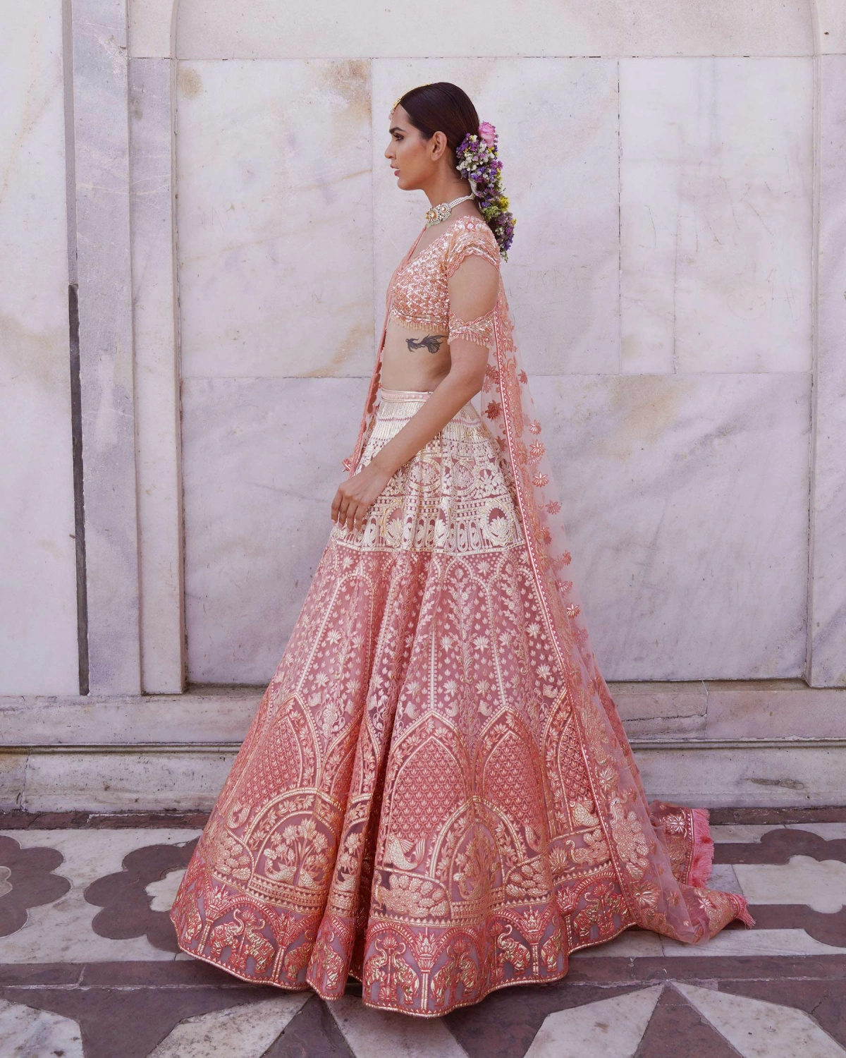 Myra Coral Ombre Lehenga Set With Foliage