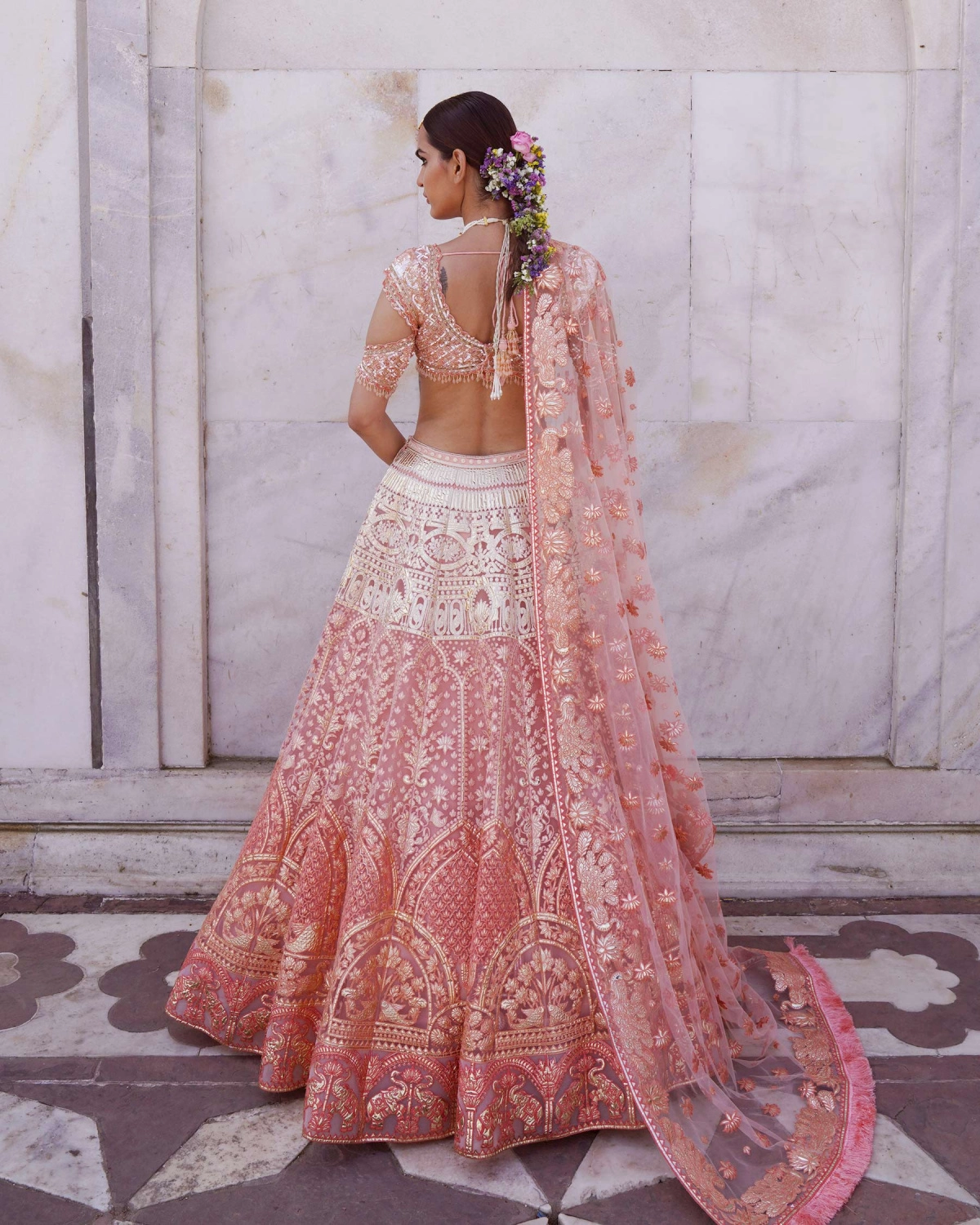 Myra Coral Ombre Lehenga Set With Foliage