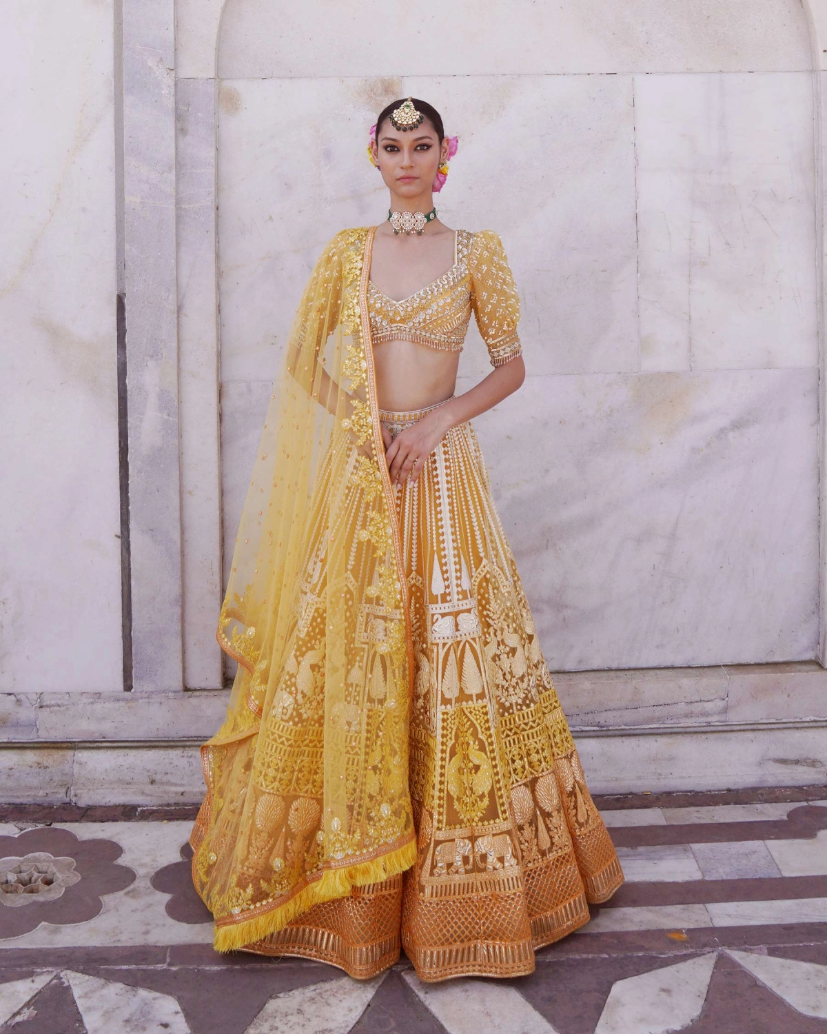 Nadia Marigold Yellow, Ombre Lehenga Set With Tulle Dupatta