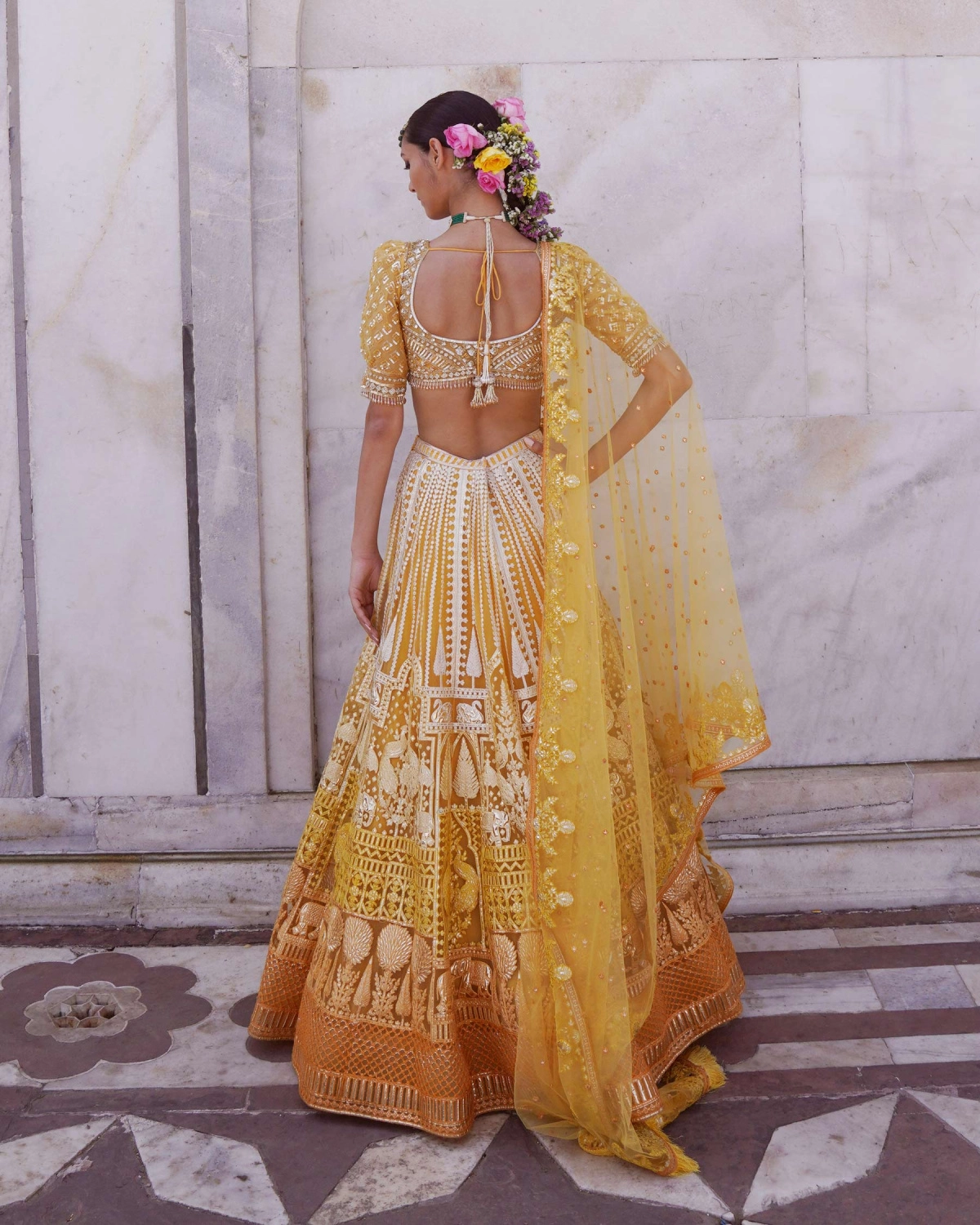 Nadia Marigold Yellow, Ombre Lehenga Set With Tulle Dupatta