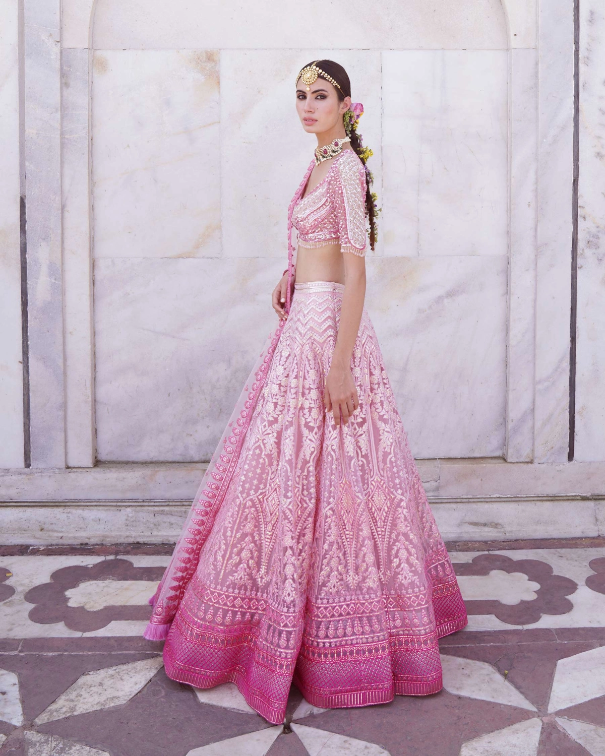 Meadow Lush Pink, Ombre Lehenga Set In Light Silver Chrome Applique.